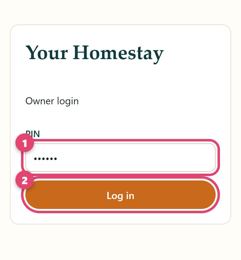Owner login page with the PIN box and the Log in button