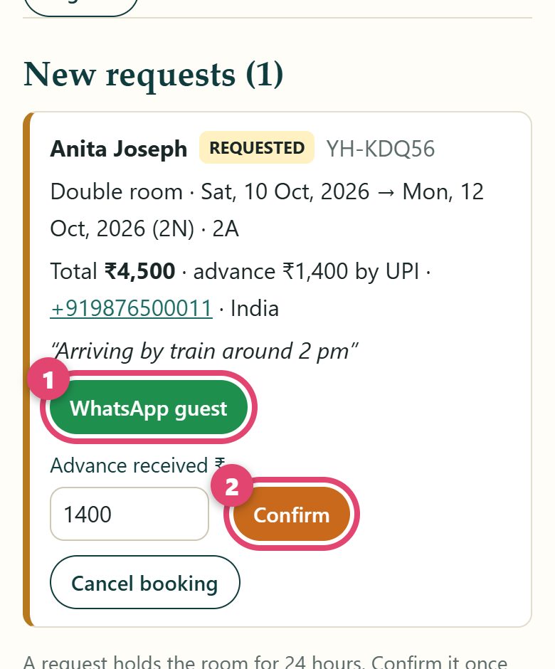 A new booking request with the WhatsApp guest and Confirm buttons