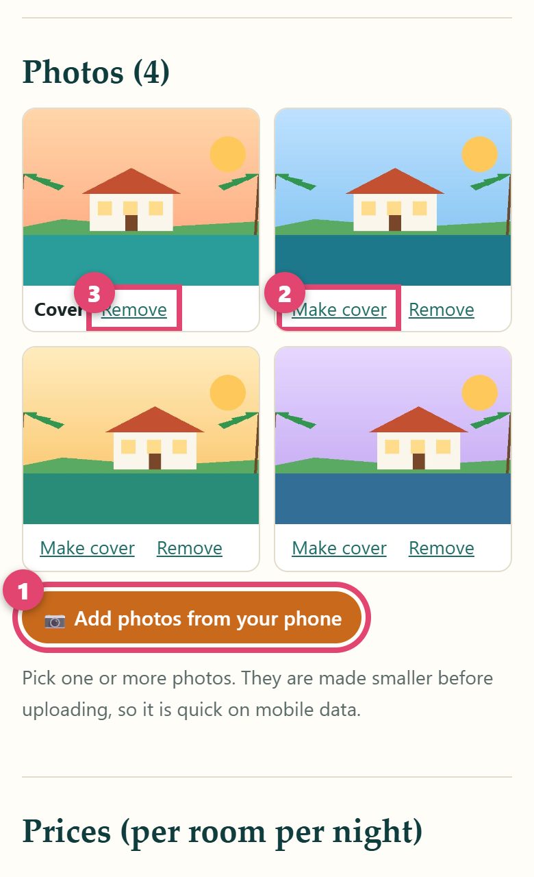 Photos with Add photos, Make cover and Remove