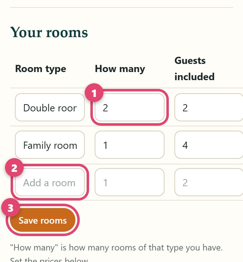 Rooms table with Save rooms