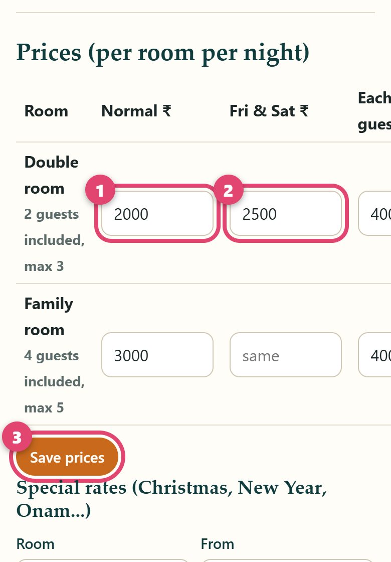 Prices table with the Save prices button