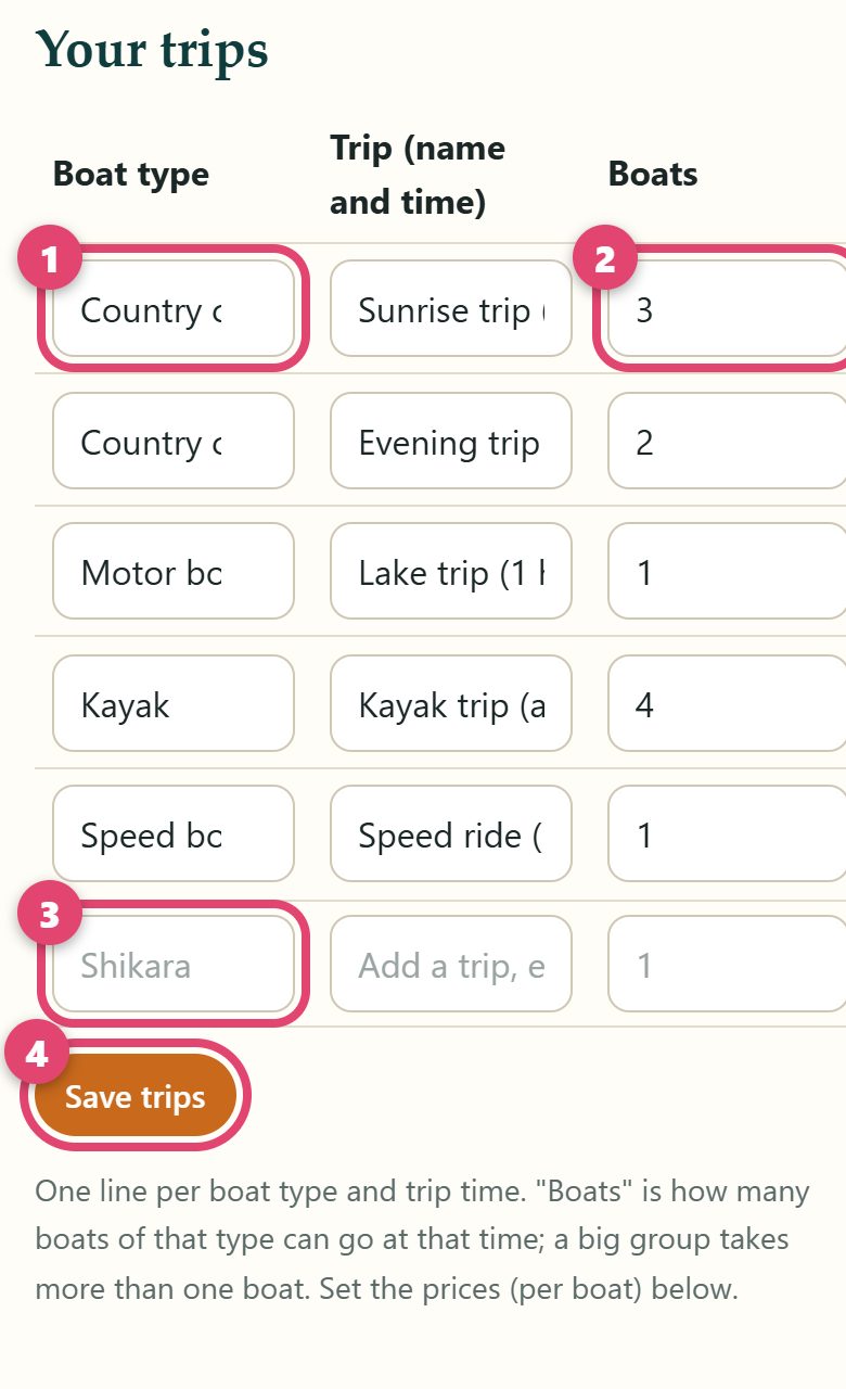 Your trips table with boat types